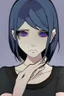 Placeholder: Realistic female teenager with pale skin, big grey eyes, blue and purple shoulder length hair, round face, prominent collarbones, black clothing