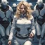 Placeholder: The anger of an detained attractive woman with wavy blond hair with handcuffs in a straitjacket fighting as she is dragged to her cell by two dark blue robots, Epic cinematic brilliant stunning intricate meticulously detailed dramatic atmospheric maximalist Professional photography, canon lens, shot on dslr 64 megapixels sharp focus