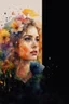 Placeholder: watercolor portrait of a woman, lush hair, rain, flowers, umbrella, autumn, paint blots, splashes, tears, plants, yellow, blue, green, orange colors