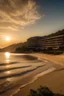 Placeholder: hotel eden en el medio de una playa paradisiaca rodeada de cerros con el amanecer de fondo