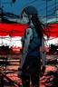 Placeholder: Dark outline line art anime style double exposure of a silhouette of a cyberpunk-inspired woman standing in front of a landscape shot of an active war zone with distant explosions, light black and red long hair, light blue eyes, short red and white tank top, hands on hips, (looking intently at viewer), (viewer from low ground level view with focus on eyes), (double exposure), (inspired by Cyberpunk mixed with Code Geass mixed with Fate: Grand Order), (giant red moon in background), (vibrant colo