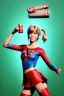 Placeholder: portrait, teenager, Jane Fonda, make-up, happy, coca-cola drinking, Realistic image, 60s, supergirl, tights minimal dress, sweat, Color background, photo studio, concept art, smooth, unreal engine 5, god lights, ray tracing, RTX, lumen lighting, ultra detail, volumetric lighting, 3d, finely drawn, high definition, 4k.