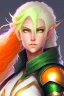 Placeholder: fantasy setting, woman ranger with orange and white hair, pastel green eyes, kind, soft facial traits