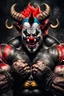 Placeholder: big demon, horns and big arms, wit a clown face painted, terroriffic