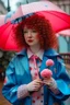 Placeholder: kind sailor, red curly hair, long jacket, pink-azure clothes, pink-azure cocked hat, white floral pattern on the jacket, flower in the hair. Pink and blue umbrella.