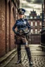 Placeholder: full body picture of a UK policewoman, steampunk city background