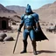 Placeholder: [high res photo of a movie by Ray Harryhausen] confident Hullabaloo Higitus Figitus Fantomas the blue alienin as a Wasteland Warrior, in leather outfit, he has incredible weapons