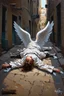 Placeholder: Abstract expressionism oil painting of an Urban alley grunge scene, fallen angel laying on ground in ripped robes, white stained wings, feathers misplaced, slight glowing, but broken halo. Dirty walls, graffiti in Latin, oil on the ground. Harsh shadows and goth undertones. areal view looking down , messy brush strokes, close up