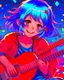 Placeholder: Art style Anime manga, Girl with blue hair playing a red magic guitar, several musical notes behind her, light red eye color, wears casual clothes but involves music, She smiles while playing with one of her eyes closed