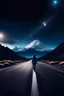 Placeholder: A girl standing in between 2 intersection of a road one road leading to bright and sunny snow capped mountain and another road leading to starry night