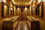 Placeholder: Pictures of a group of bathrooms in Mathaf Restaurant. The walls and floors are brown in shades, the sinks are on one wall, and the toilet doors are opposite the sinks.