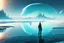 Placeholder: alien landscape with person seeing a grey exoplanet in the horizon, lagoon reflection, ice blocks, sci-fi, concept art, cinematic, very epic