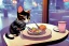 Placeholder: A cat wearing clothes is sitting at a table eating sushi. Manga style. Perfect iris. Paws