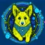 Placeholder: Blue and yellow circle logo of a cute corgi dog made of circuit board traces, fingerprint and neural network superimposed behind