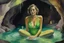 Placeholder: Close-up portrait of a contented woman in a bright neon green bathing suit sitting in the water of a cave bath, the walls and ceiling of the bath are dark brown clay-like, a few candles illuminate it suggestively, the woman is contentedly sipping champagne, lifelike watercolour, S<AI