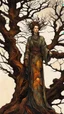 Placeholder: Egon Schiele, Abraham Rattner style abstract expressionist, full body comic book illustration of a pagan druid priestess, bristlecone pine sculpture , dark and dry branches, harmony, intricately detailed, highly detailed facial features, ethereal, elemental, otherworldly, the smell of the ancient essence of eternity in vibrant natural color