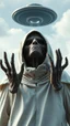 Placeholder: The creature from the the movie Prometheus with white hooded clothes with hands up and looking at distant ufo in the sky front view