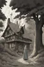 Placeholder: In the heart of a dense, ancient forest, a medieval cottage stands engulfed in flames, its timeworn timbers crackling and sending plumes of smoke into the sky. In the foreground, a mysterious woman in silhouette stands, the house is melting like candy. a woman in a cloak hides behind a tree.