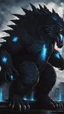 Placeholder: A darkness picture to giant godzilla with blue glowing linings in anime godzilla art style