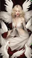 Placeholder: A beautiful, blonde girl in her twenties, with white wings, and a red ring over her eyes. She sleeps on a luxurious black carpet. Cinematic photo from above.