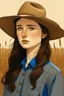 Placeholder: drawing of woman with pale skin, freckles, brown braided hair, blue eyes, black cowboy hat, standing in wheat field,