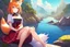 Placeholder: Girl, fox ears, one big fox tail, orange hair, red skirt, river, fox foot , sit on the shore, purple fox eyes