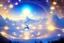 Placeholder: white spaceship flying saucer with light in the below. the landscape is a fairy colourfull forest with snow sweety mountains. the sky is blu with stars and brightness beam