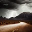 Placeholder: desert, storming, lightning, rainy, mountains, black and white, dirt road, landscape