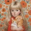 Placeholder: 1970s, blond Little girl in red, long hair parted in the middle, hugging an orange cat, in the style of Margaret Keane, huge eyes, flowered wallpaper