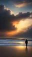 Placeholder: A lone figure walking along a vast, empty beach at sunset, a big creature blurred face appeared behind a mysterious cloud ,their silhouette stark against the hyperrealistic sky reminiscent of the work of Halim Ghodbane, with crashing waves rendered in the detail of Jason De Graaf. (combines Halim Ghodbane & Jason De Graaf)