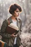 Placeholder: portrait pint of color photo of a student girl 22 years old ,short hair with her books in her hand walking in magic jungle