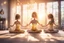 Placeholder: cute chibi yoga girls in sunshine, yoga room, watercolor and black ink outlines, sparkling golden glitter, ethereal, cinematic postprocessing, bokeh, dof