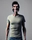 Placeholder: a tall rattled guy with short dark hair tousled on top, a long neck and long limbs and is wearing a t-shirt with a shirt over and skinny jeans