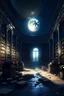 Placeholder: A vast, abandoned library bathed in moonlight, with bookshelves stretching into the distance and glowing orbs floating amidst the dusty tomes.