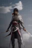 Placeholder: شاب انمي مع شفرات assassin's Creed ذهبيه و وشاع اسود وعيون وعيون زرقاء مع شعر ابيض