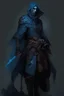 Placeholder: Triton Rouge with blue skin DnD character. With a small dagger on his belt. Wearing black clothes with a hooded cloak.