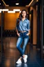 Placeholder: simple background a beautiful young lady wearing jean pants and blue blouse full body standing pose,sport shoes