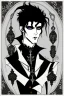 Placeholder: goth male necromancer with black hair and gothic jewelry in the style of Aubrey Beardsley