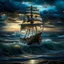 Placeholder: view of turbulent swells of a violent ocean storm, inside a glass bottle on the beach ม dramatic thunderous sky at dusk at center a closeup of large tall pirate ship with sails, breaking light