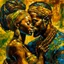 Placeholder: Side profile of an African King with her aspirations behind her. Holding her man hugging with love and romance,Opulent Van Gohn style painting