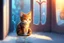 Placeholder: cute chibi thankful cat praying in an icy room in sunshine