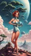 Placeholder: slim Sci-fi pin-up girl on an alien planet of cloud trees