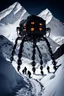 Placeholder: silhouette of a eight legs machine scaling a very steep snow covered side of mout everest at night, it has storage pods on its belly and humans can fit in the pods