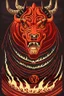 Placeholder: Vintage illustration of a demonic and magical brutal and angry bull made of red flames and fire, savage and obstreperous nature, Tsuguyuki Kubo art, Topcraft, vintage storybook illustration style, ornamental, fantasy folk art, psychedelic theme, inspires by 80s Japanese anime, early Studio Ghibli, fantasy animation