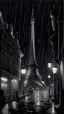 Placeholder: An atmospheric, Paris Eiffel Tower fine lines draw noir-style illustration of a rainy cityscape at night, featuring glowing streetlights reflecting off the wet pavement, towering Art Deco skyscrapers, and a statue evoking a sense of intrigue and timelessness.
