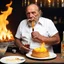 Placeholder: Charles Bukowski participate au meilleur pâtissier 2020, his cigarette in the mouth and a bottle of rhum for his dessert un épais flaming baba au rhum in fire