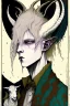 Placeholder: Emo, albino, teen, goat horned, satyr, alchemist, with goat horns on his head, in the style of Harry Clarke