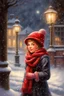 Placeholder: Painting of a cute girl in a red hat and scarf, snowfall in the background, bright night, by Thomas Kinkade