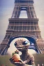 Placeholder: E.T. holding an Easter egg in front of the Eiffel Tower