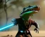 Placeholder: Star wars animation, crocodilian, frills, wide head, longer arms, samurai robe, holding lightsaber, hands, wrist gauntlets